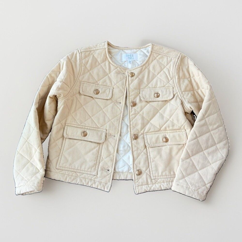 Time and Tru Cream Quilted Cotton Jacket Gold Crest Buttons Women’s Size S 4-6